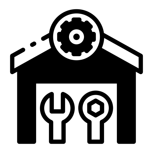 An icon of a workshed with two wrenches inside of it, representing a makerspace.